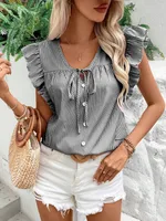 Foreign Trade Top Women's   Summer V-neck French Strap Lotus Leaf Sleeve Loose Sweet Striped Shirt sku image 8