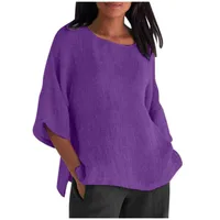 Same Day Delivery Wisheaby  New Foreign Trade Women's Seven-point Sleeve Round Neck Cotton And Linen Shirt Top main image 1