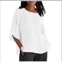Same Day Delivery Wisheaby  New Foreign Trade Women's Seven-point Sleeve Round Neck Cotton And Linen Shirt Top main image 4