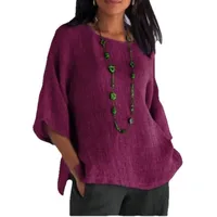 Same Day Delivery Wisheaby  New Foreign Trade Women's Seven-point Sleeve Round Neck Cotton And Linen Shirt Top main image 5