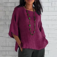 Wish Eaby  New Fashion Women's Seven-point Sleeve Round Neck Cotton Linen Shirt Top Spot main image 2