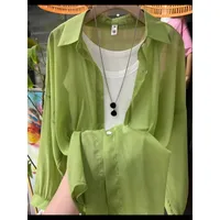 New Arrival Fashionable All-match Top Pearlescent Yarn Sun-protection Clothing Women's Loose Lantern Sleeve Shirt High-grade Mid-length sku image 1