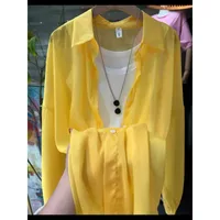 New Arrival Fashionable All-match Top Pearlescent Yarn Sun-protection Clothing Women's Loose Lantern Sleeve Shirt High-grade Mid-length sku image 2