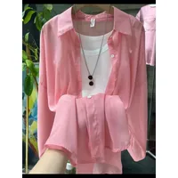 New Arrival Fashionable All-match Top Pearlescent Yarn Sun-protection Clothing Women's Loose Lantern Sleeve Shirt High-grade Mid-length sku image 3