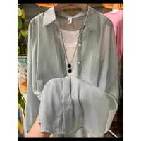 New Arrival Fashionable All-match Top Pearlescent Yarn Sun-protection Clothing Women's Loose Lantern Sleeve Shirt High-grade Mid-length sku image 4