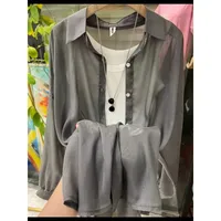 New Arrival Fashionable All-match Top Pearlescent Yarn Sun-protection Clothing Women's Loose Lantern Sleeve Shirt High-grade Mid-length sku image 7