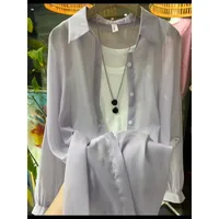 New Arrival Fashionable All-match Top Pearlescent Yarn Sun-protection Clothing Women's Loose Lantern Sleeve Shirt High-grade Mid-length sku image 8