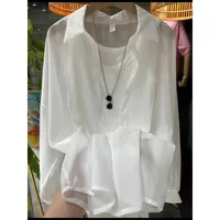 New Arrival Fashionable All-match Top Pearlescent Yarn Sun-protection Clothing Women's Loose Lantern Sleeve Shirt High-grade Mid-length sku image 10