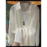 New Arrival Fashionable All-match Top Pearlescent Yarn Sun-protection Clothing Women's Loose Lantern Sleeve Shirt High-grade Mid-length sku image 11