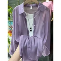 New Arrival Fashionable All-match Top Pearlescent Yarn Sun-protection Clothing Women's Loose Lantern Sleeve Shirt High-grade Mid-length sku image 14