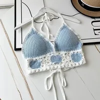 Ethnic Style Fashion Sexy Small Camisole Seaside Beach Lace-up Hollow-out Knitted Short Halter Shirt For Women sku image 5