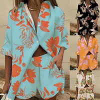 New Women's  Lapel Short-sleeved Printed Shirt Two-piece Set Wide-leg Elastic Waist Pants Shorts main image 1