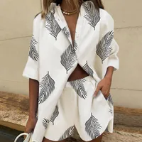 New Women's  Lapel Short-sleeved Printed Shirt Two-piece Set Wide-leg Elastic Waist Pants Shorts main image 2