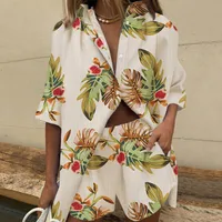 New Women's  Lapel Short-sleeved Printed Shirt Two-piece Set Wide-leg Elastic Waist Pants Shorts main image 3