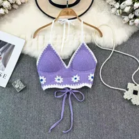 Ethnic Style Fashion Sexy Small Camisole Seaside Beach Lace-up Hollow-out Knitted Short Halter Shirt For Women sku image 11
