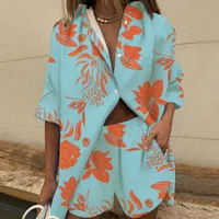 New Women's  Lapel Short-sleeved Printed Shirt Two-piece Set Wide-leg Elastic Waist Pants Shorts main image 4