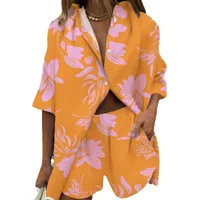 New Women's  Lapel Short-sleeved Printed Shirt Two-piece Set Wide-leg Elastic Waist Pants Shorts main image 5