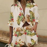 New Women's  Lapel Short-sleeved Printed Shirt Two-piece Set Wide-leg Elastic Waist Pants Shorts sku image 3