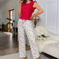 Women's Home Clothes Love Printed Trousers Ruffled Casual Pit Strip Can Wear  Pajamas sku image 1