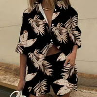 New Women's  Lapel Short-sleeved Printed Shirt Two-piece Set Wide-leg Elastic Waist Pants Shorts sku image 10