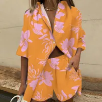 New Women's  Lapel Short-sleeved Printed Shirt Two-piece Set Wide-leg Elastic Waist Pants Shorts sku image 19