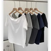 Hot Girl Style Off-line Collar Slant Shoulder Top Women's Summer  New Niche Leaky Collarbone Loose Short-sleeved White T-shirt main image 1