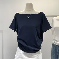 Hot Girl Style Off-line Collar Slant Shoulder Top Women's Summer  New Niche Leaky Collarbone Loose Short-sleeved White T-shirt main image 2