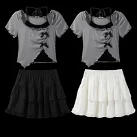 Gray Asymmetrical Suspender Short-sleeved Shirt For Women New Summer Halter Waist Slim Top + Cake Skirt Two-piece Set main image 1