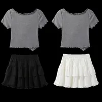 Gray Asymmetrical Suspender Short-sleeved Shirt For Women New Summer Halter Waist Slim Top + Cake Skirt Two-piece Set main image 2