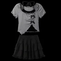 Gray Asymmetrical Suspender Short-sleeved Shirt For Women New Summer Halter Waist Slim Top + Cake Skirt Two-piece Set main image 3
