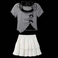 Gray Asymmetrical Suspender Short-sleeved Shirt For Women New Summer Halter Waist Slim Top + Cake Skirt Two-piece Set main image 4
