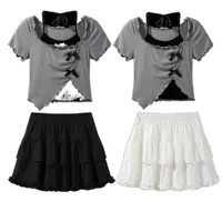 Gray Asymmetrical Suspender Short-sleeved Shirt For Women New Summer Halter Waist Slim Top + Cake Skirt Two-piece Set main image 5