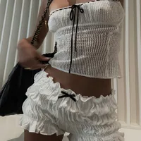 Summer New Women's Sweet And Fresh Sling Bow Strap Pleated Ear Edge Shorts Suit main image 2
