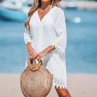 Summer New Ladies Shirt Dress   Sexy Hollow Lace Sunscreen Shirt Beach Dress main image 1