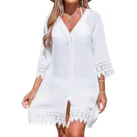 Summer New Ladies Shirt Dress   Sexy Hollow Lace Sunscreen Shirt Beach Dress main image 5