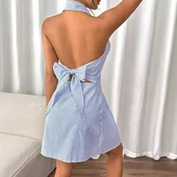 Backless Strap Bow Holiday A- Line Beach Dress Single Row Button Strap Dress  Women's Clothing main image 2