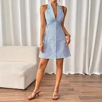 Backless Strap Bow Holiday A- Line Beach Dress Single Row Button Strap Dress  Women's Clothing main image 3