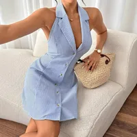 Backless Strap Bow Holiday A- Line Beach Dress Single Row Button Strap Dress  Women's Clothing main image 4