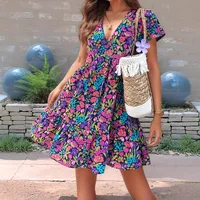 Spring And Summer  New   Foreign Trade Women's Printed Stitching Flower Short Sleeve Dress Women main image 1