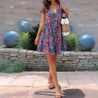 Spring And Summer  New   Foreign Trade Women's Printed Stitching Flower Short Sleeve Dress Women main image 3
