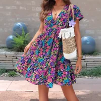 Spring And Summer  New   Foreign Trade Women's Printed Stitching Flower Short Sleeve Dress Women main image 4