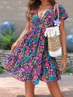 Spring And Summer  New   Foreign Trade Women's Printed Stitching Flower Short Sleeve Dress Women sku image 4