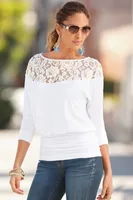 Women's Autumn And Winter New Long Sleeve Round Neck Lace Stitching Large Size Top Casual All-match Slim T9990 sku image 12