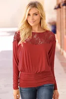 Women's Autumn And Winter New Long Sleeve Round Neck Lace Stitching Large Size Top Casual All-match Slim T9990 sku image 9
