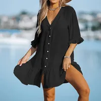 Spring And Summer New Women's V-neck Hem Ruffled Dress  Solid Color Beach Dress Explosions main image 2