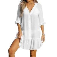 Spring And Summer New Women's V-neck Hem Ruffled Dress  Solid Color Beach Dress Explosions main image 5
