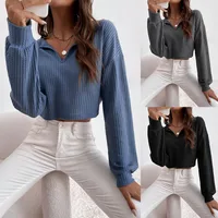 Autumn New Women's V-neck Solid Color Navel Long-sleeved T-shirt For Women main image 1
