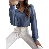 Autumn New Women's V-neck Solid Color Navel Long-sleeved T-shirt For Women sku image 13