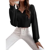 Autumn New Women's V-neck Solid Color Navel Long-sleeved T-shirt For Women sku image 10