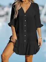 Spring And Summer New Women's V-neck Hem Ruffled Dress  Solid Color Beach Dress Explosions sku image 18